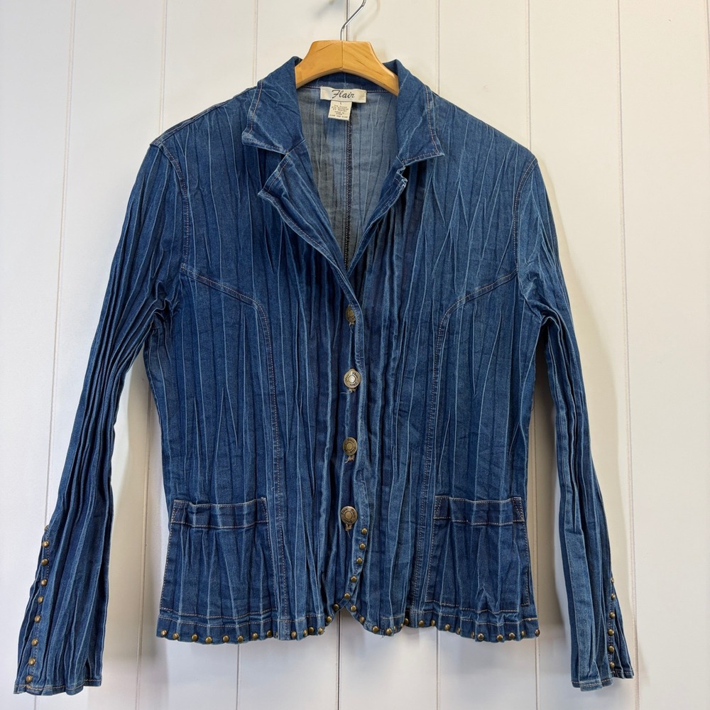 Flair Western Y2K Pleated Studded Denim Jacket Women Large Boho Cowgirl Festival